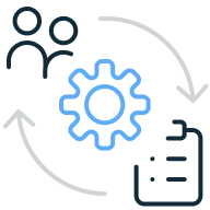 Ilustração de uma roda dentada, de uma equipa e de uma checklist com símbolo de renovação.